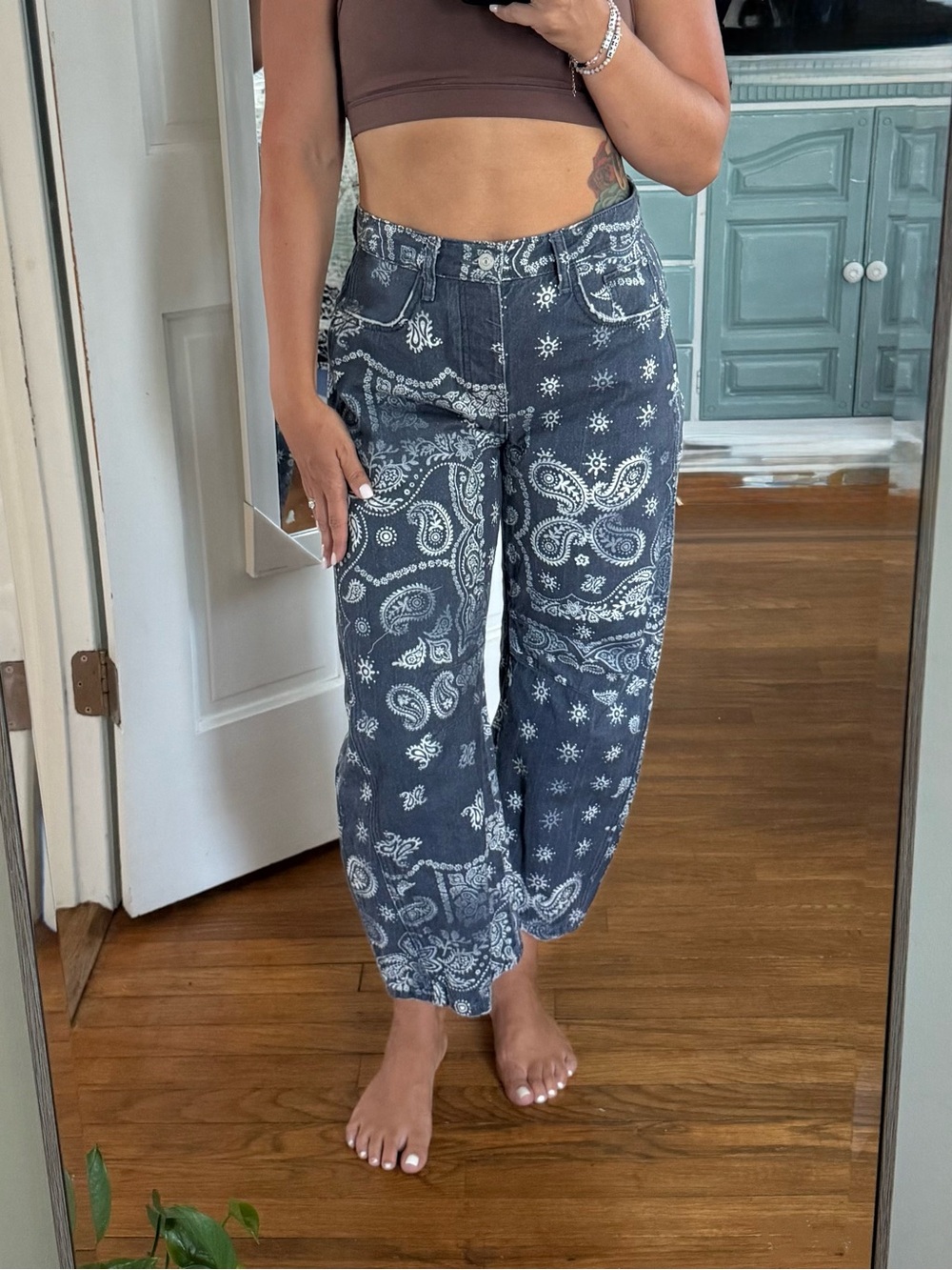 Free People We the Free Good Luck Barrel Jeans in Navy Bandana Print